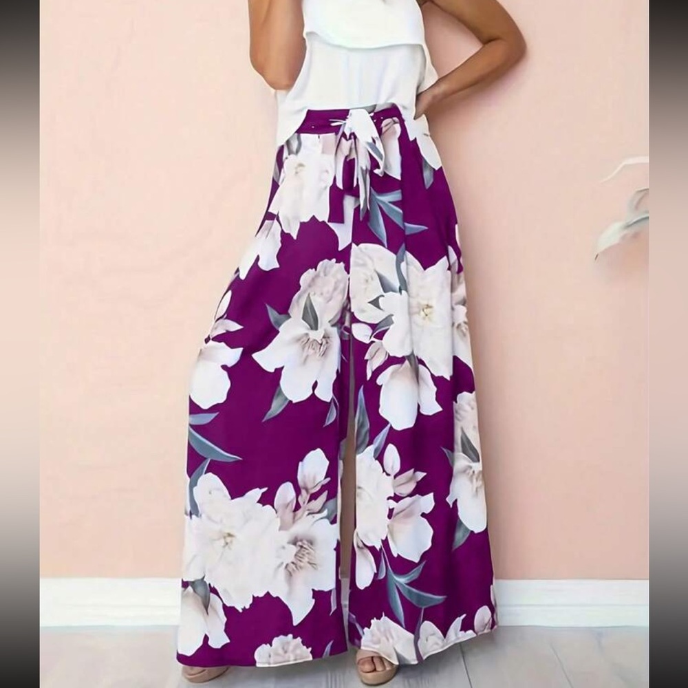 Boho Floral Print Cinched Waist Wide Leg Palazzo Pants